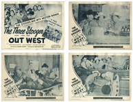 Complete Set of 4 Lobby Cards for the 1947 Three Stooges Film Out West -- Each Measures 14 x 11 -- Mild Toning, Creasing & Wear, With Some Moisture Exposure to Tops; Very Good Condition